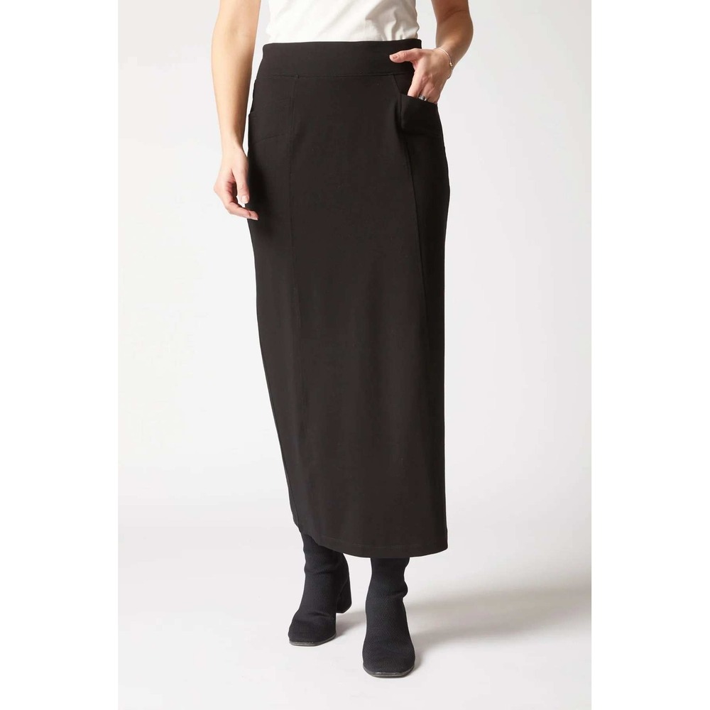 Habitat Black Jersey Travel Knit Maxi Skirt Side Slits Pockets Sz M